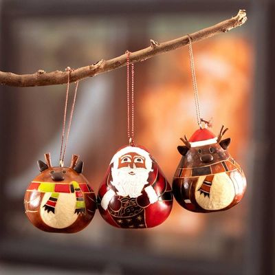 Alternate image for Peruvian Hand-painted Set of 3 Dried Gourd Holiday Ornaments Santa and His Reindeer