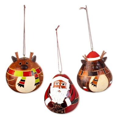 Alternate image for Peruvian Hand-painted Set of 3 Dried Gourd Holiday Ornaments Santa and His Reindeer