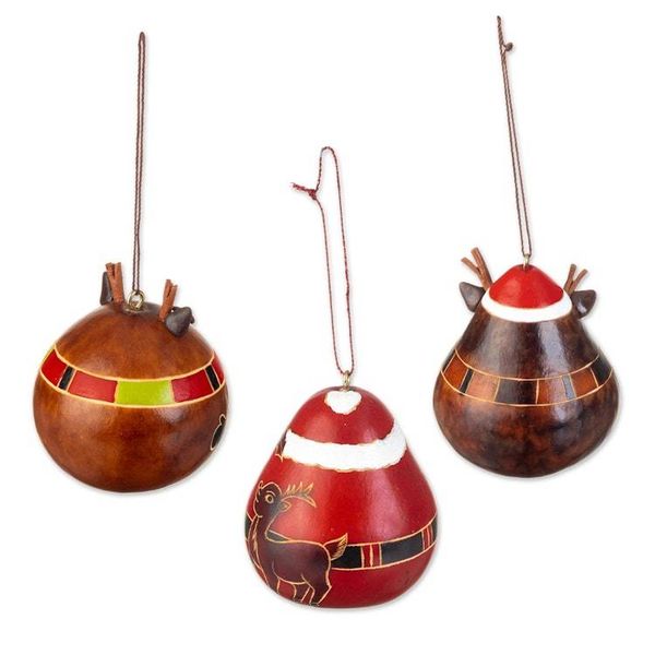 Alternate image for Peruvian Hand-painted Set of 3 Dried Gourd Holiday Ornaments Santa and His Reindeer
