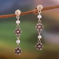 Image for Floral Sterling Silver and Cultured Pearl Dangle Earrings Oceanic Paradise