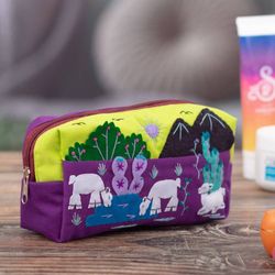 Image for Llama-Themed Applique Cotton and Acrylic Cosmetic Bag Andean Landscape