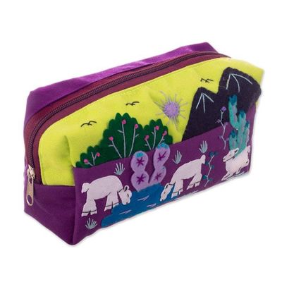 Alternate image for Llama-Themed Applique Cotton and Acrylic Cosmetic Bag Andean Landscape