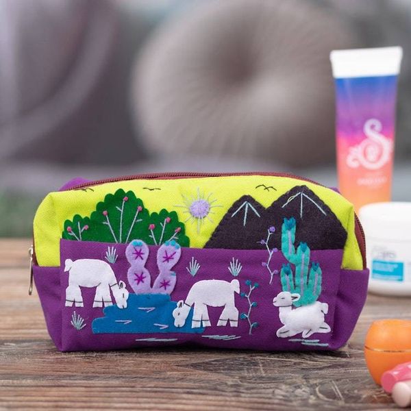Alternate image for Llama-Themed Applique Cotton and Acrylic Cosmetic Bag Andean Landscape