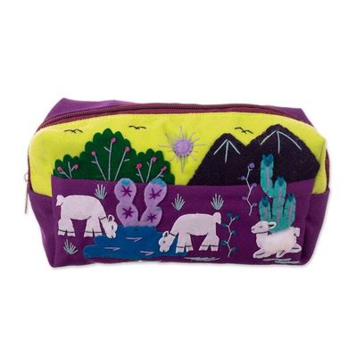 Alternate image for Llama-Themed Applique Cotton and Acrylic Cosmetic Bag Andean Landscape