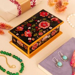 Image for Reverse-Painted Glass Decorative Box in Black from Peru Colonial Bouquet