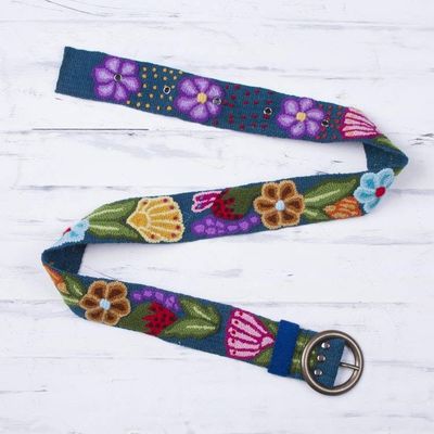 Primary image for Embroidered Floral Wool Belt in Teal from Peru Garden Fashion in Teal