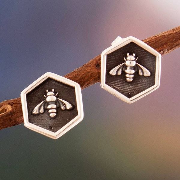 Alternate image for Darkened and Polished Sterling Silver Bee Stud Earrings Special Bees