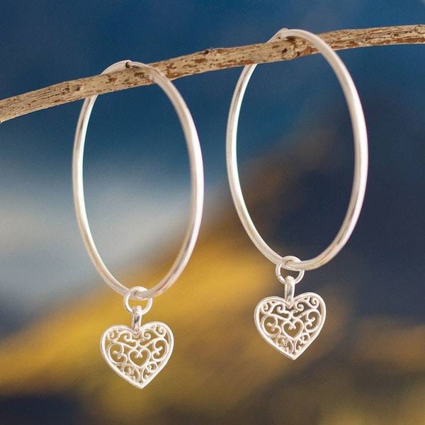 Alternate image for Sterling Silver Heart Themed Hoop Earrings from Peru Precious Romance