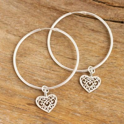 Alternate image for Sterling Silver Heart Themed Hoop Earrings from Peru Precious Romance