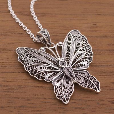 Alternate image for Sterling Silver Butterfly Filigree Pendant Necklace Nocturnal Butterfly
