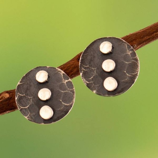 Alternate image for Oxidized and Polished Round Sterling Silver Button Earrings Minimalist Trio