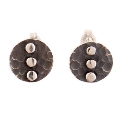 Alternate image for Oxidized and Polished Round Sterling Silver Button Earrings Minimalist Trio