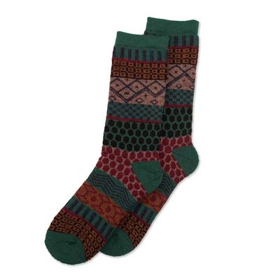 Alternate image for Mens Patterned Knit Green Alpaca Blend Socks from Peru Authentic Green