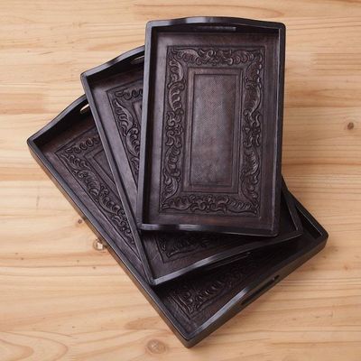 Primary image for Unique Leather and Wood Serving Trays Set of 3 Collector