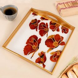 Image for Reverse Painted Glass Tray with Poppy Motifs from Peru Gleaming Poppies in White