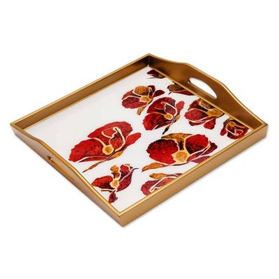 Alternate image for Reverse Painted Glass Tray with Poppy Motifs from Peru Gleaming Poppies in White