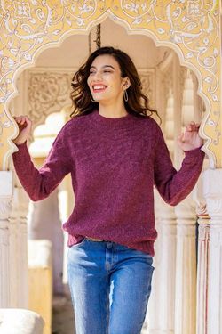 Image for Raspberry Alpaca Blend Pullover Sweater with Knit Motifs Raspberry Revel