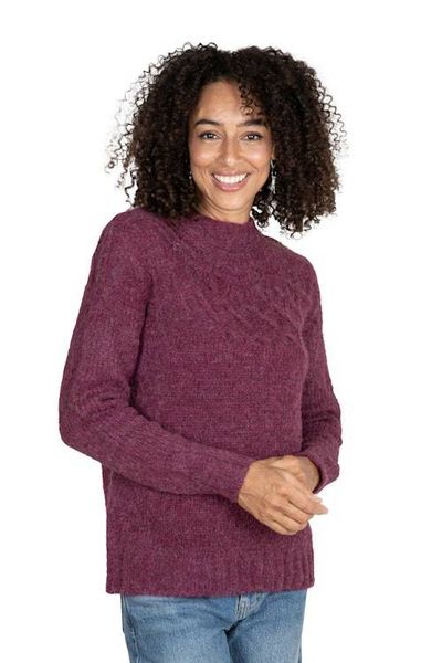 Alternate image for Raspberry Alpaca Blend Pullover Sweater with Knit Motifs Raspberry Revel