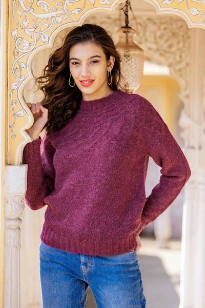 Alternate image for Raspberry Alpaca Blend Pullover Sweater with Knit Motifs Raspberry Revel