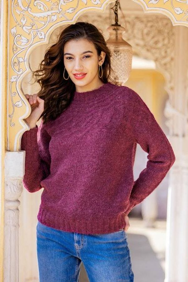 Alternate image for Raspberry Alpaca Blend Pullover Sweater with Knit Motifs Raspberry Revel