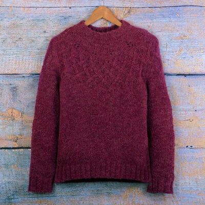 Alternate image for Raspberry Alpaca Blend Pullover Sweater with Knit Motifs Raspberry Revel