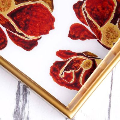 Alternate image for Reverse Painted Glass Tray with Poppy Motifs from Peru Gleaming Poppies in White