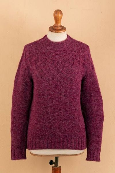 Alternate image for Raspberry Alpaca Blend Pullover Sweater with Knit Motifs Raspberry Revel