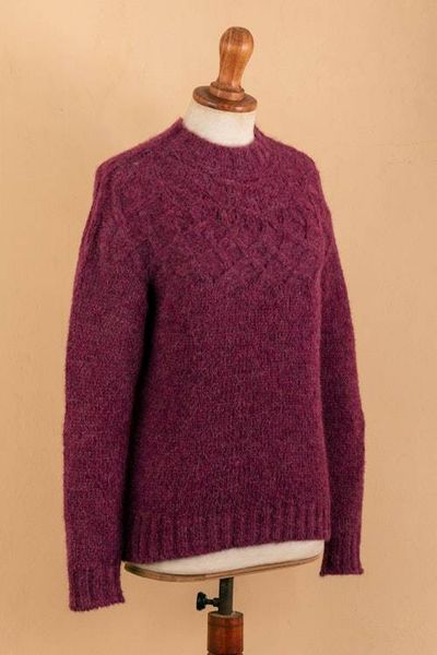 Alternate image for Raspberry Alpaca Blend Pullover Sweater with Knit Motifs Raspberry Revel