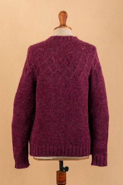 Alternate image for Raspberry Alpaca Blend Pullover Sweater with Knit Motifs Raspberry Revel