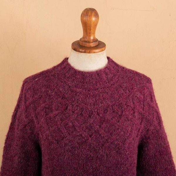 Alternate image for Raspberry Alpaca Blend Pullover Sweater with Knit Motifs Raspberry Revel