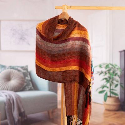 Primary image for Striped and Fringed 100 Alpaca Shawl Handwoven in Peru Andean Hues