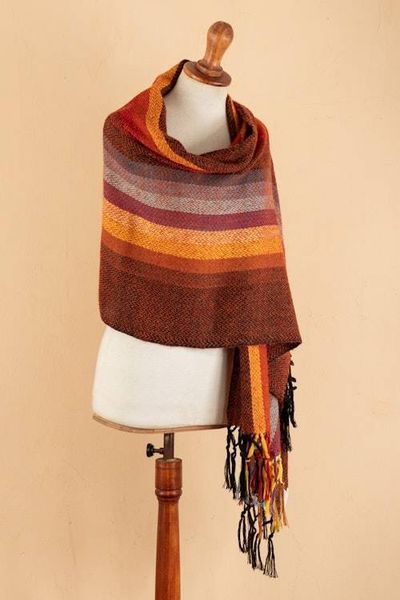 Alternate image for Striped and Fringed 100 Alpaca Shawl Handwoven in Peru Andean Hues
