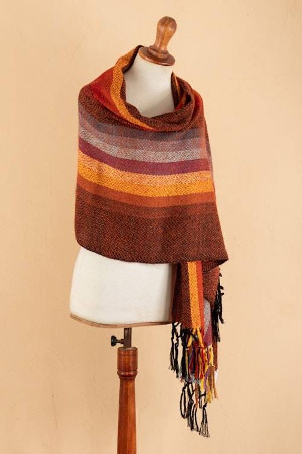Alternate image for Striped and Fringed 100 Alpaca Shawl Handwoven in Peru Andean Hues