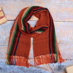 Image for Sunset-Inspired Warm-Toned Fringed Soft 100 Alpaca Scarf Woven Sunset