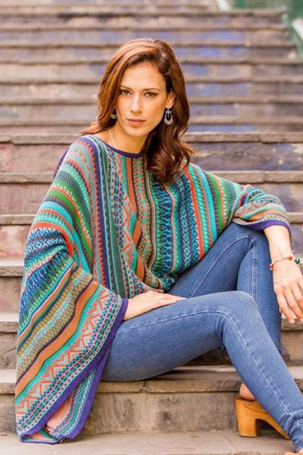 Alternate image for Bohemian Knit Sweater from Peru in Turquoise Stripes Lima Dance