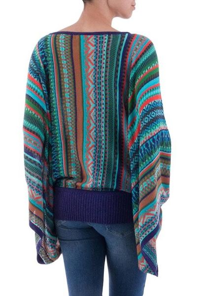Alternate image for Bohemian Knit Sweater from Peru in Turquoise Stripes Lima Dance