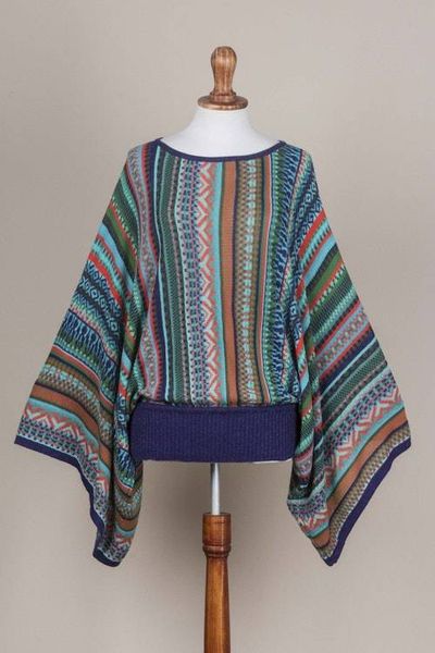 Alternate image for Bohemian Knit Sweater from Peru in Turquoise Stripes Lima Dance