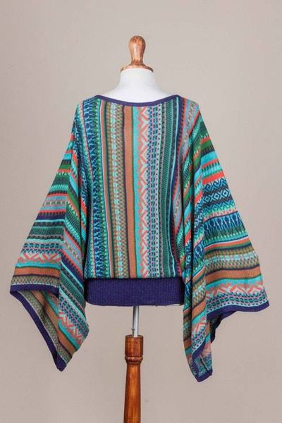 Alternate image for Bohemian Knit Sweater from Peru in Turquoise Stripes Lima Dance