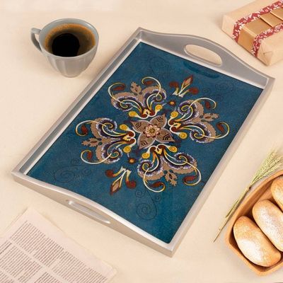 Primary image for Floral Reverse-Painted Glass Tray in Blue from Peru Enchanting Flowers in Blue
