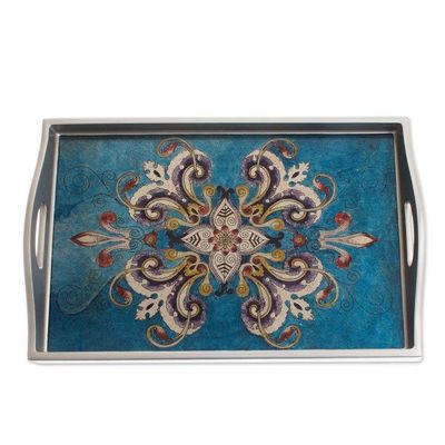 Alternate image for Floral Reverse-Painted Glass Tray in Blue from Peru Enchanting Flowers in Blue