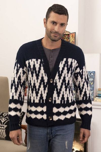 Alternate image for Mens Navy and Ecru Cotton Sweater with Zigzag Design Peruvian Zigzag