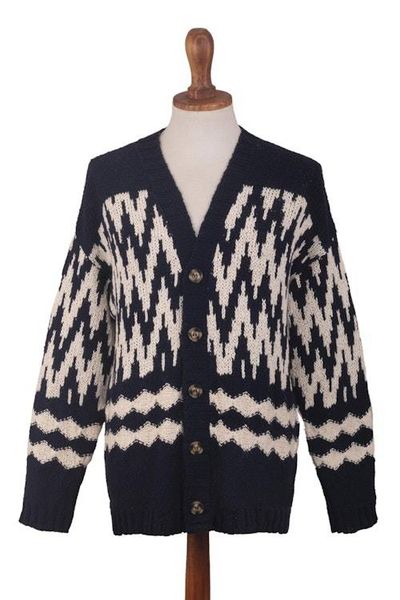 Alternate image for Mens Navy and Ecru Cotton Sweater with Zigzag Design Peruvian Zigzag