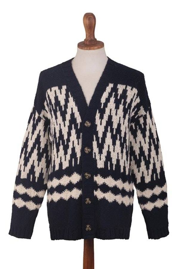 Alternate image for Mens Navy and Ecru Cotton Sweater with Zigzag Design Peruvian Zigzag