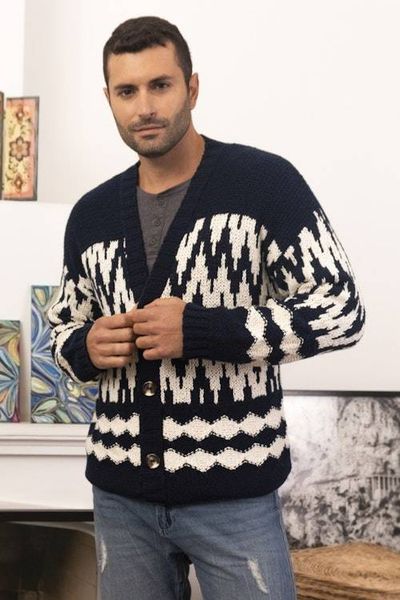 Alternate image for Mens Navy and Ecru Cotton Sweater with Zigzag Design Peruvian Zigzag