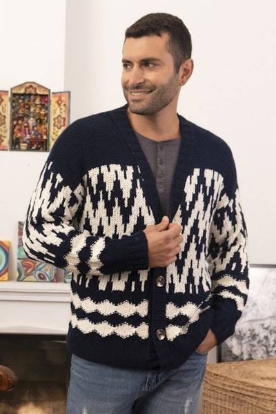 Alternate image for Mens Navy and Ecru Cotton Sweater with Zigzag Design Peruvian Zigzag