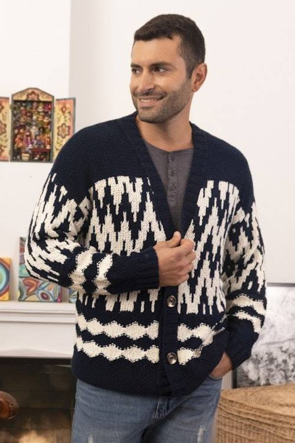 Alternate image for Mens Navy and Ecru Cotton Sweater with Zigzag Design Peruvian Zigzag