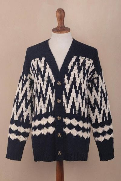 Alternate image for Mens Navy and Ecru Cotton Sweater with Zigzag Design Peruvian Zigzag