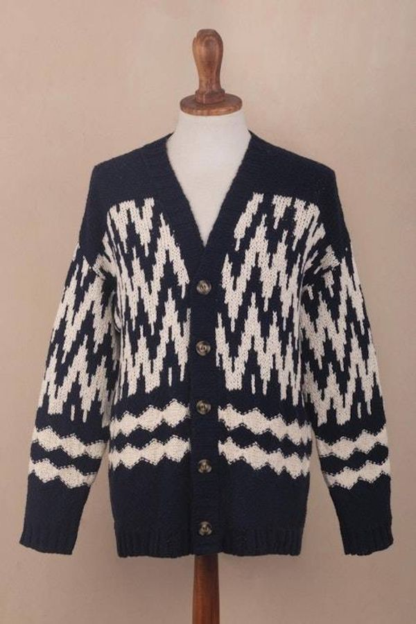 Alternate image for Mens Navy and Ecru Cotton Sweater with Zigzag Design Peruvian Zigzag