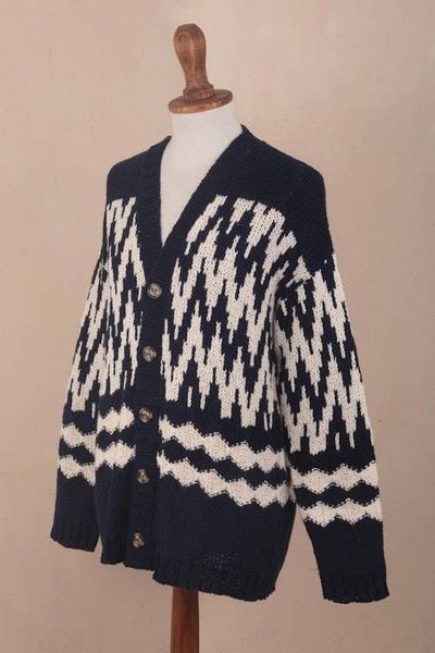 Alternate image for Mens Navy and Ecru Cotton Sweater with Zigzag Design Peruvian Zigzag