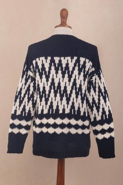 Alternate image for Mens Navy and Ecru Cotton Sweater with Zigzag Design Peruvian Zigzag